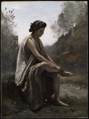 Tableau de Jean-Baptiste-Camille Corot "Eurydice Blessée" (elle est assise sur un rocher et regarde son pied blessé sans doute (c'est dans le titres)