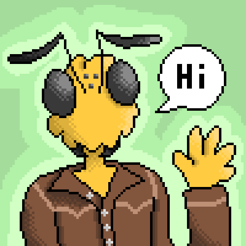 Pixel art of a humanoid insect wearing a brown western shirt. He is waving and saying hi.