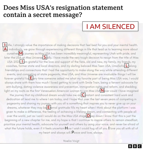 The text of Miss Teen USA's resignation notice, with the first letter of each line Highlighted in red. The first letters spell:

"I am silenced, hip."