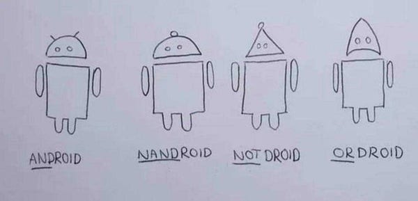 Une image trouvée sur Twitter d’un dessin à l’encre noir sur une feuille blanche représentant plusieurs mascottes Android, mais avec des têtes qui varient.
La première mascotte est « ANDroid », avec la tête classique en forme de porte logique AND.
La deuxième mascotte est « NANDroid » avec la tête de la mascotte en forme de porte logique NAND.
La troisième mascotte est « NOTdroid », avec une tête triangulaire de porte logique « NOT ».
La dernière est la mascotte avec la tête en forme de porte logique « OR » est s’appelle « ORdroid ».