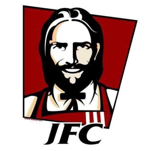 An image similar to the logo for Colonel Sanders, the face of Kentucky Fried Chicken. In this image, the face of Jesus has been skillfully blended into the original face logo.