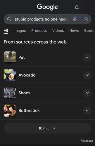 A Google search for "Stupid products noone needs" with the results Pet, Avocado, Shoes, Butterstick