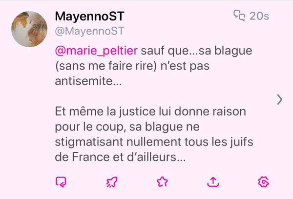 MayennoST
@MayennoST
@marie_peltier sauf que...sa blague
(sans me faire rire) n'est pas
antisemite...
Et même la justice lui donne raison
pour le coup, sa blague ne
stigmatisant nullement tous les juifs
de France et d'ailleurs...