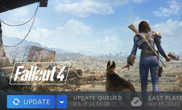 Steam screenshot for the Nextgen Update for Fallout4 from April 25th 2024 with 14GB queued. There is a dog (German Sheperd) and a female person in a blue "Vault Dweller" overall looking at a huge wasteland with ruins on the horizon.