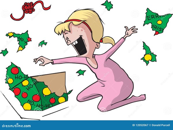 cartoon of child unwrapping her gifts on christmas morning while still in her jammies.