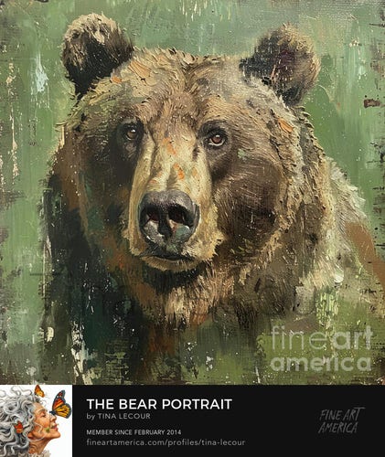 This is a potrait of a rustic brown bear with a green textured background. 