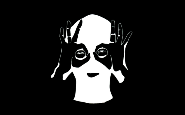 Schwarzer Hintergrund

abegbildeter Kopf (Sturmhaube) in Weiß. Beide Hände in schwarz als Brille vor die Augen gehoben.