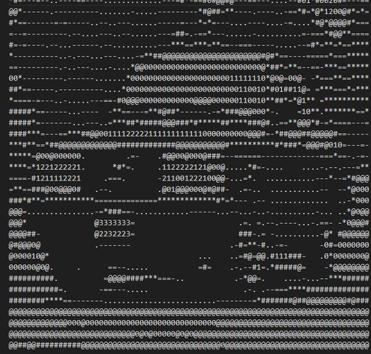 ASCII art of Volvo 240 coming at screen in 3/4 view.  The image is made from about 20 stock ASCII characters. The aspect ratio is a little stretchy up and down.