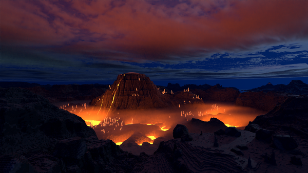 Avoyd Voxel Editor render of a glowing volcano lighting up clouds from underneath at night.

Minecraft map Lisrina by Dannypan plus imported heightmap from NASA cloud images.