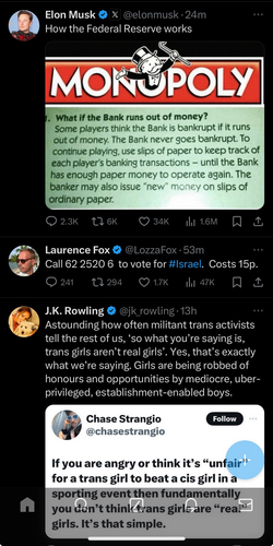 Screen grab of a Twitter feed showing Musk, Fox and Rowling 