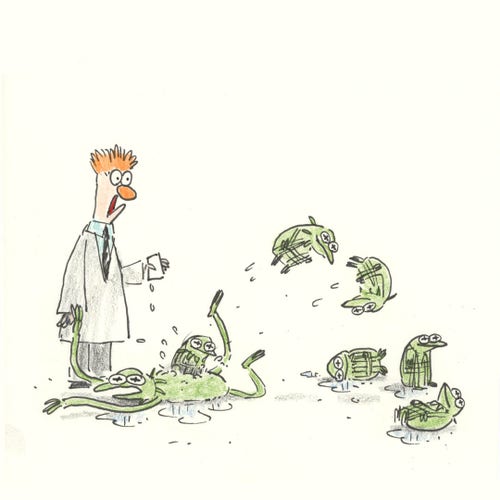 A cartoon illustration of Beaker from the muppets watching in horror as the water he spilled on Kermit is causing tiny little Kermits to sprout from Kermit's back.