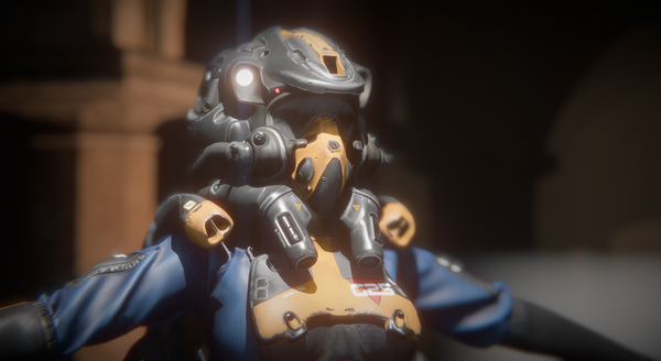 Screenshot of my game engine showing a close-up of a character in a sci-fi suit while the background display out of focus pillars.