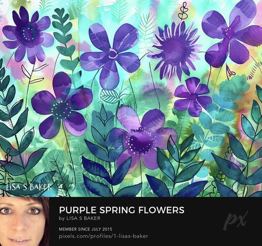 A variety of purple flowers and green foliage are depicted against a soft, watercolor background blending hues of blue, green, and hints of yellow. The composition is whimsical and fluid, suggesting a vibrant, lush garden.