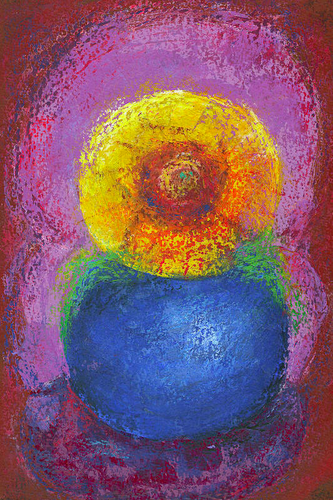 Sunflower circled is a painting by the artist Karen Kaspar in portrait format, painted with acrylic paint and oil pastels.
The two pictures Sunflower circled and Sunflower squared were painted as a pair, each a still life with a sunflower in a blue vase with geometric abstraction.
In the sunflower in a circle, everything has a circular shape - the brown centre of the flower, the petals in warm yellow and orange, the bright blue vase. The circle theme is even repeated in the background, which is painted in shades of purple and brown.
The two paintings fit perfectly as a pair on a wall, but can also be hung individually.
These paintings are part of my series of sunflower paintings. 