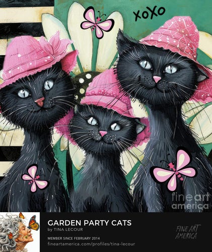This is a whimsical mixed media painting of some whimsical black cats wearing pink garden hats with a whimsical daisy background and three whimsical pink butterflies. 