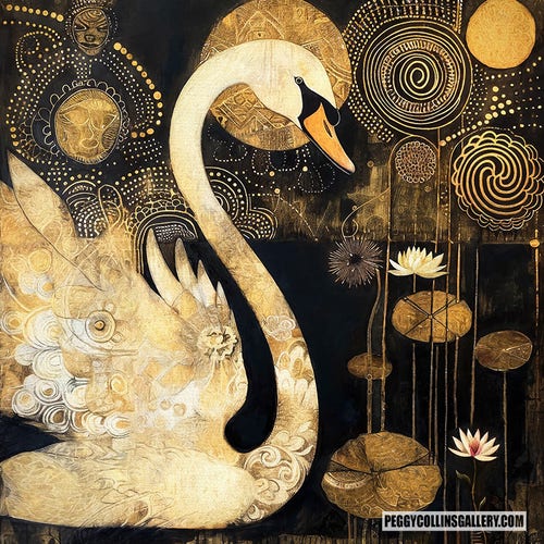 Artwork of a graceful swan swimming in a pond of lotus flowers with gold designs on black, by artist Peggy Collins.
