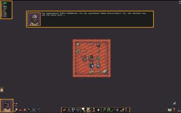 A screenshot from Dwarf Fortress adventure mode of an NPC telling the setup to some joke 