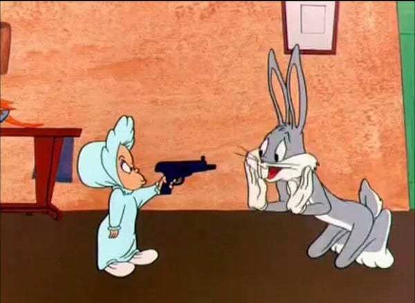 Baby-Face Finster (notorious criminal Baby-Face Nelson in a baby’s body) faces Bugs Bunny with a pistol.