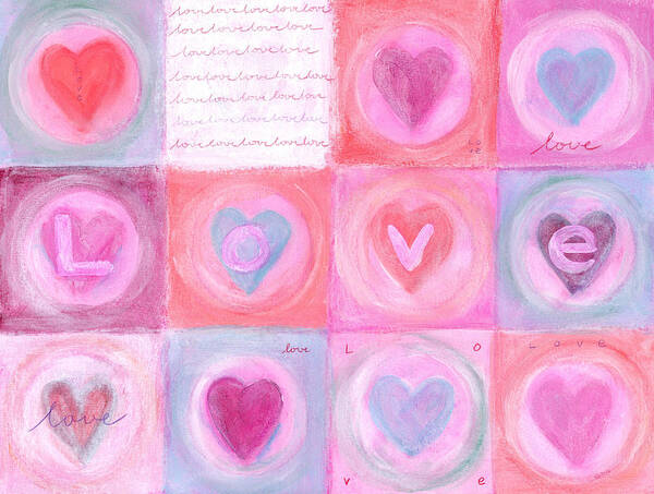 So Much Love is an acrylic painting in landscape format painted by the artist Karen Kaspar. The picture is painted in pastel shades of pink, red and light blue in various shades. The image surface is divided into twelve squares, which are painted with circles and heart shapes. The word Love is handwritten several times on the painting. So Much Love is a wonderful gift for Valentine's Day, a wedding or engagement or a birthday and decorates the bedroom or other rooms with lots of love. 
