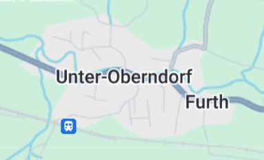 Google Maps screenshot of a village called "Unter-Oberndorf" (Unter = lower, Ober = upper). There's a second place called Furth there too apparently, and it has a train station.