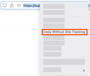 Screenshot of the Firefox context menu when right clicking a URL and demonstrating the "Copy Without Site Tracking" option.
