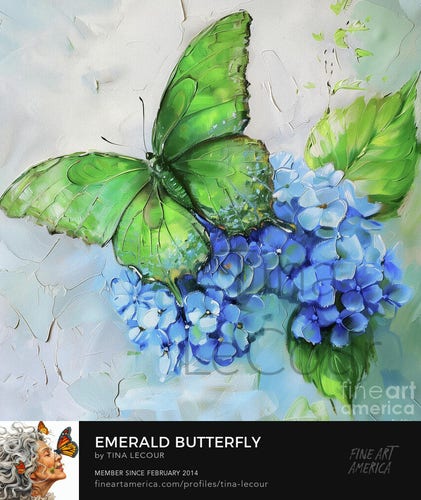 This is a painting of a beautiful emerald green butterfly perched on a pretty blue hydrangea flower.