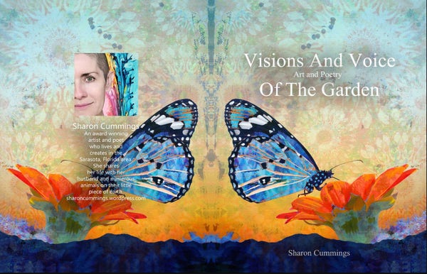 Book cover with blue butterflies and orange flowers by artist, poet and author Sharon Cummings.