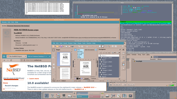 A busy screenshot shows:
-xconsole
-system info app
-firefox
-libreoffice
-vlc player
-terminal with htop
using nscde environment