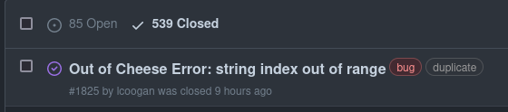 An error ticket on GitHub titled: " Out of Cheese Error: string index out of range #1825"