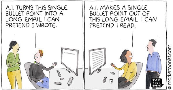 Cartoon of two people in front of a computer. 
Panel 1:
Person 1: (pointing at monitor) A.I turns this single bullet point into a long email I can pretend I wrote.

Panel 2:
Different two people in front of a different computer.
Person1 (pointing at monitor)
A.I makes a single bullet point out of this long email I can pretend I read.