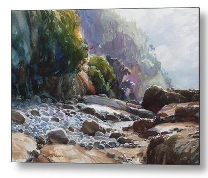 Metal art print of an original watercolor painting depicting a rocky beach on a misty day.