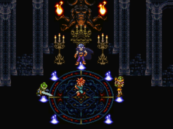 In-game screenshot, showing the three protagonists Chrono, Glenn and Lucca in battle against Magus inside its castle.