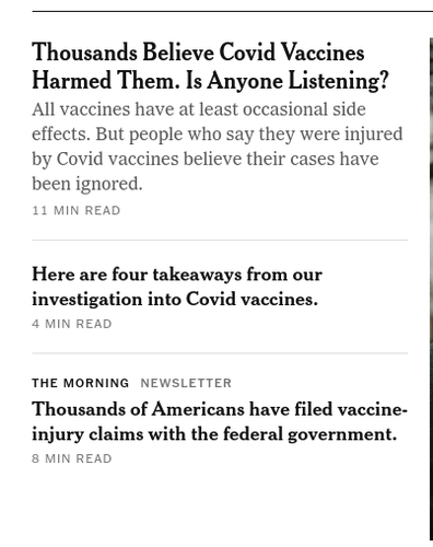 Three articles in the New York Timse about COVID vaccines harming people