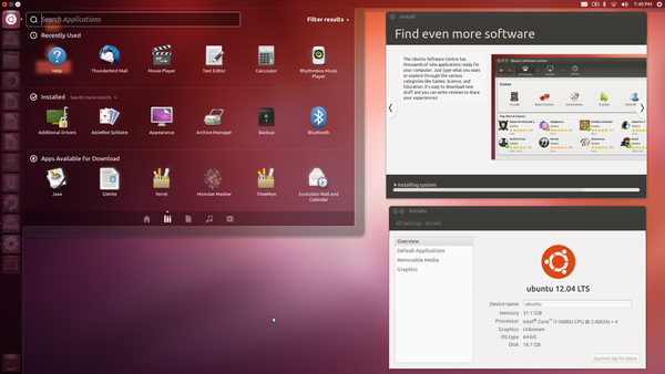 A screenshot of Ubuntu 12.04 LTS desktop being installed on a laptop.