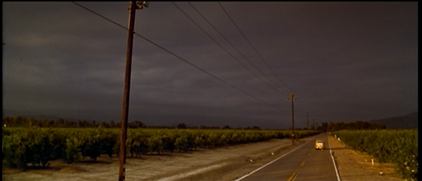 Ending scene of "The Rock" showing an old car with "Just Married" on a road with citrus on either side, power lines