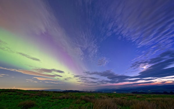 HDR image of the moon setting in the west - with the aurora sufficiently strong as to have gone completely south overhead