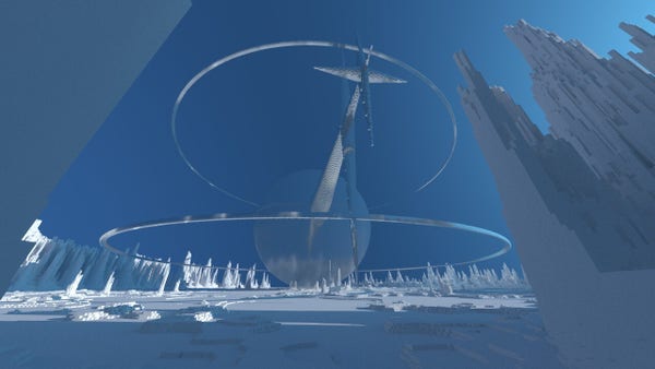 Giant metal spherical spaceship with rings and a spiky tail in a white fractal voxel landscape. This time with stronger shadows and more reflections. 
Created and rendered in Avoyd.