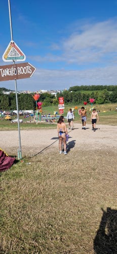 A sign, an arrow points to "tangled roots', a reggae area of the festival. Above it a reminder to respect the festival and yourself. Before the sign stands my beautiful daughter in see-thru trousers. Three young men, two topless and muscular, walk towards her up a steep hill. It feels hot. The air is full of dust and possibilities.