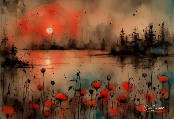 Digitally painted image inspired by my own photograph, depicting a tranquil lakeside scene at sunset with vibrant red poppies in the foreground and silhouettes of distant trees against a warm, glowing sky. Image at:  https://beautifulsunphotography.com/featured/crimson-dusk-reflections-deb-beausoleil.html See more art & blog at: https://beautifulsunphotography.com/ https://debbeautifulsunphotography.com/ https://www.zazzle.com/store/beautifulsun_designs https://debbeausoleil.com