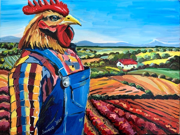 A rooster headed farmer in plaid and overalls standing in profile over a landscape of farms and trees.