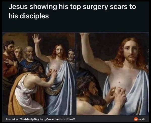 Jesus with an arm raised and a disciple examining a scar beneath his nipple. Reads: Jesus showing his top surgery scars to his disciples.