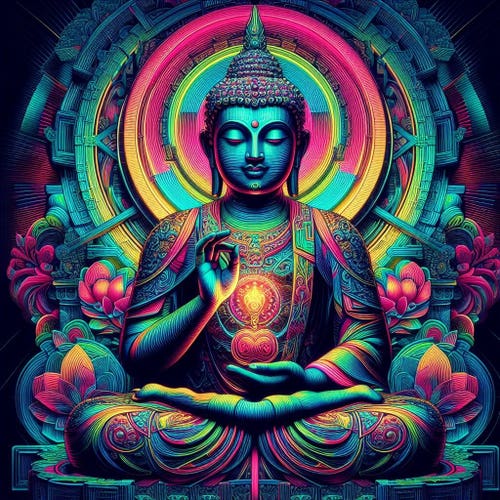 Alt text by AI:
A vibrant and colorful illustration of a Buddha-like figure with intricate designs and patterns, surrounded by radiant circles and blooming flowers, exuding a sense of peace and spiritual enlightenment. The central figure resembles a Buddha, depicted in a meditative pose with one hand raised. The face of the figure is obscured by a grey square. The body is adorned with intricate designs and patterns, including what appears to be jewelry or ornate clothing. Radiant circles emanate from behind the figure, creating an aura effect. These circles are filled with detailed geometric patterns. Blooming flowers surround the figure adding to the serene and spiritual atmosphere of the image. The color palette is rich and vibrant, dominated by deep blues, purples, pinks, greens, and golds creating an ethereal glow throughout the image.