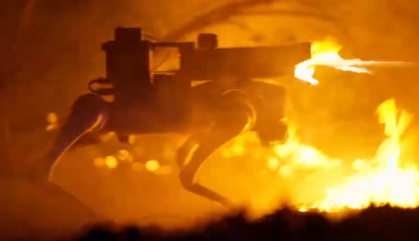Frame grab of a promotional video form a company advertising a robot dog with flame thrower on it