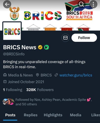 The twitter page for Brics News