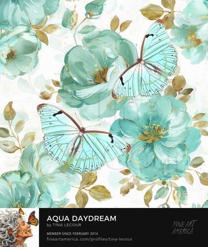 This is a botanical floral of two aqua butterfllies against a background of white and aqua botanical flowers.