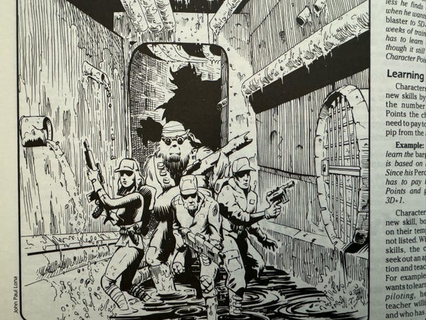 A photograph of a black and white illustration in the second edition, Star Wars D6 game from West End games. It shows three humans sneaking through what appears to be a super system with their guns raised and ready to fire. Directly behind them is enormous wearing black sunglasses, and a bandanna on their head.