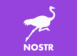 The Nostr Logo featuring a purple background and a running ostrich 