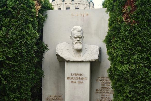 Boltzmann's grave in Vienna, showing the epitaph of S = k log W.