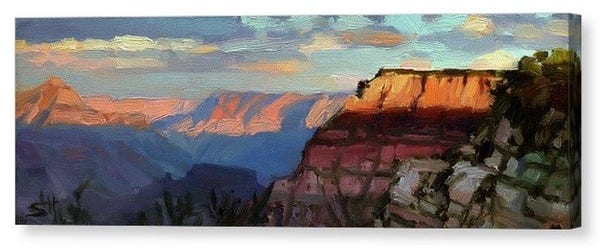 Canvas print of an original oil painting depicting the Grand Canyon of Arizona at late sunset, with the last light of the day brushing across the tops of the cliffs.