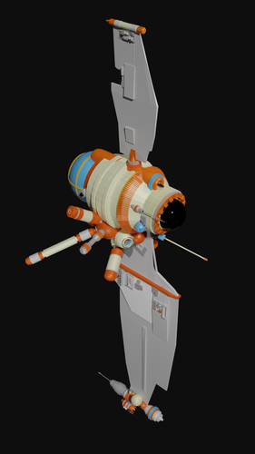 A 3D model of one of my Weird Field Spaceships, built in Blender. A central cockpit area, with bubble canopy, is topped and tailed with huge, thin, fins. Around the body, there are clusters of spheres and canisters - part of the Weird Field tech that makes these ships go FAST.